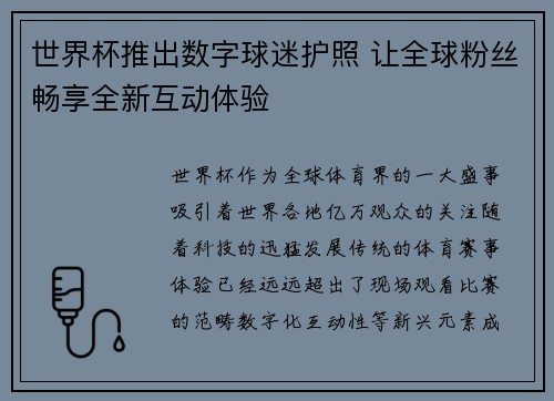 世界杯推出数字球迷护照 让全球粉丝畅享全新互动体验 世界杯推出数字球迷护照 让全球粉丝畅享全新互动体验