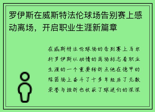 罗伊斯在威斯特法伦球场告别赛上感动离场，开启职业生涯新篇章